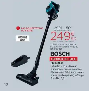 Extra Aspirateur Balai Bbs611lg Bosch offre