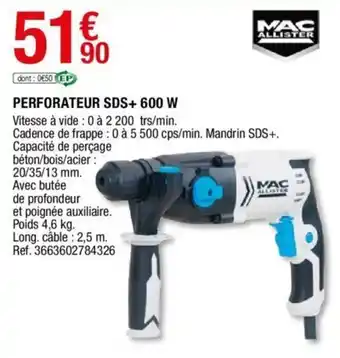 Brico Dépôt Perforateur SDS+ 600 w offre