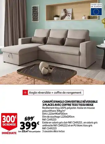 Auchan Canapé d'angle convertible réversible 3 places avec coffre tess tissu beige offre
