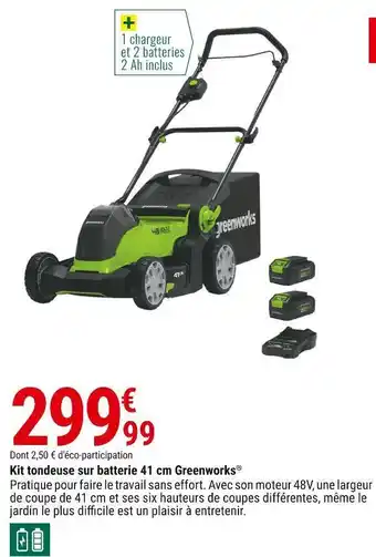 Gamm vert Greenworks kit tondeuse sur batterie 41 cm offre