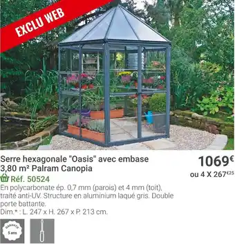 Gamm vert Palram canopia serre hexagonale ''oasis'' avec embase 3,80 m² offre