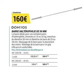 Decathlon Domyos Barre Haltérophile De 50 Mm offre