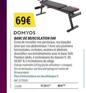 Decathlon Domyos Banc De Musculation 500 offre