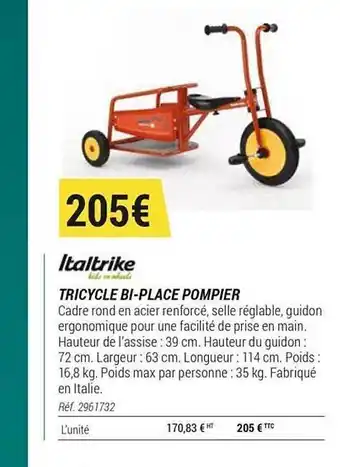Tricycle Bi-place Pompier Italtrike