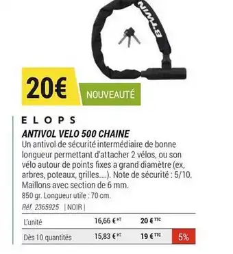 Decathlon Antivol Velo 500 Chaine Elops offre