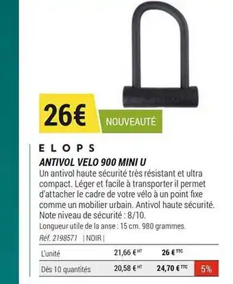 Decathlon Antivol Vélo 900 Mini U Elops offre