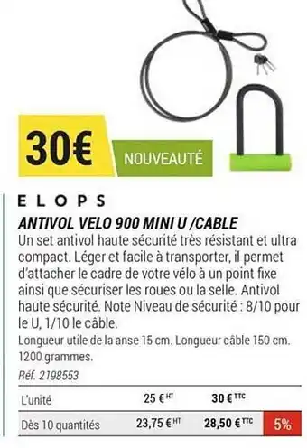 Antivol Vélo 900 Mini U - Cable Elops