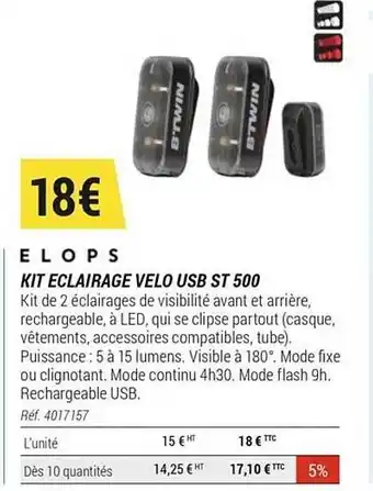 Decathlon Kit éclairage Vélo Usb St 500 Elops offre