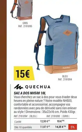 Promo Sac a Dos Nh500 10l Quechua chez Decathlon