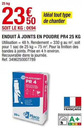 Brico Dépôt Placo enduit à joints en poudre pr4 25 kg offre