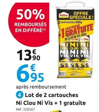 Mr Bricolage Pattex lot de 2 cartouches ni clou ni vis offre