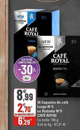 G20 36 Capsules De Café Lungo N°4 Ou Ristretto N°9 Café Royal offre