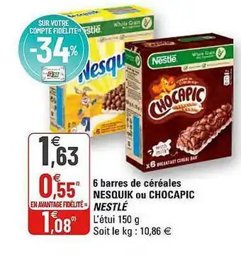 G20 6 Barres De Céréales Nesquik Ou Chocapic Nestlé offre