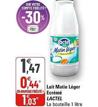 G20 Lait Matin Léger écrémé Lactel offre
