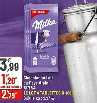 G20 Chocolat Au Lait Du Pays Alpin Milka offre
