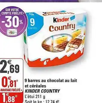 G20 9 Barres Au Chocolat Au Lait Et Céréales Kinder Country offre