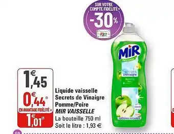 G20 Liquide Vaisselle Secrets De Vinaigre Pomme - Poire Mir Vaisselle offre