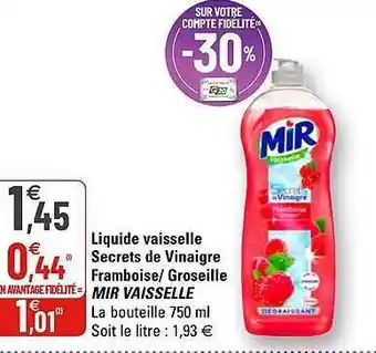 G20 Liquide Vaisselle Secrets De Vinaigre Framboise - Grisseille Mir Vaisselle offre