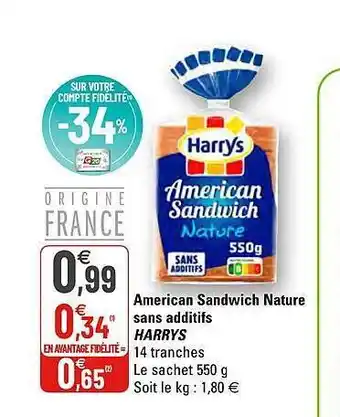 G20 American Sandwich Nature Sans Additifs Harrys offre