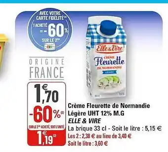 G20 Crème Fleurette De Normandie Légère Uht 12% M.g. Elle & Vire offre