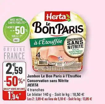 G20 Jambon Le Bon Paris à L'étouffée Conservation Sans Nitrite Herta offre