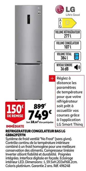 Lg réfrigérateur congelateur bas gbb62pzffn