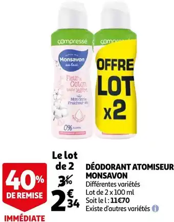 Auchan Monsavon déodorant atomiseur offre