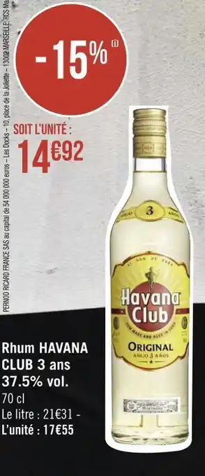 Géant Casino Havana club rhum 3 ans 37.5% vol. offre