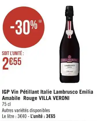 Géant Casino Villa veroni igp vin pétillant italie lambrusco emilia amabile rouge offre