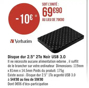 Géant Casino Verbatim disque dur 2.5’’ 2to noir usb 3.0 offre