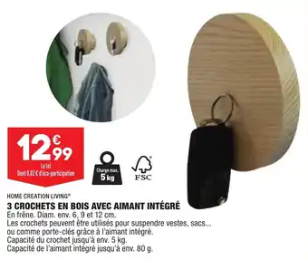 3 Crochets en bois avec aimant intégré