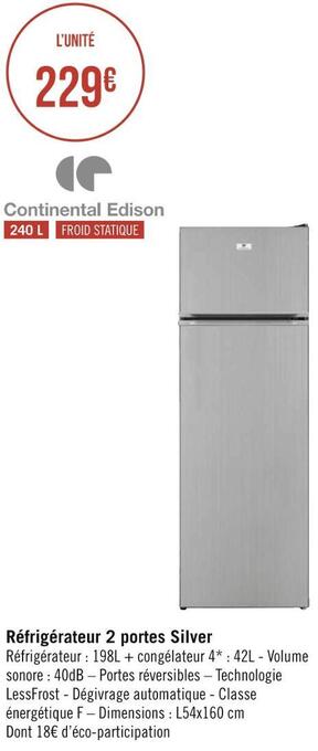 Géant Casino Continental edison réfrigérateur 2 portes silver offre