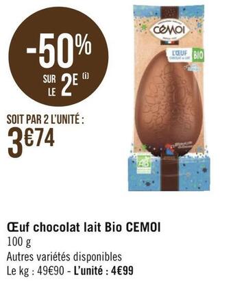 Géant Casino Cemoi œuf chocolat lait bio offre