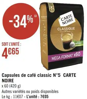 Géant Casino Carte noire capsules de café classic n°5 offre