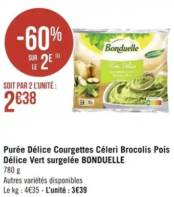 Géant Casino Bonduelle purée délice courgettes céleri brocolis pois délice vert surgelée offre