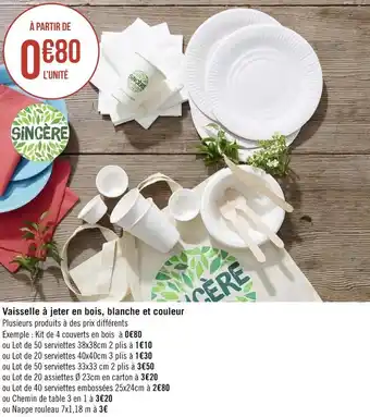 Géant Casino Sincère vaisselle à jeter en bois, blanche et couleur offre
