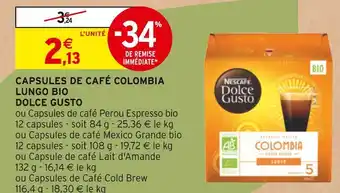 Intermarché Dolce gusto capsules de café colombia lungo bio offre