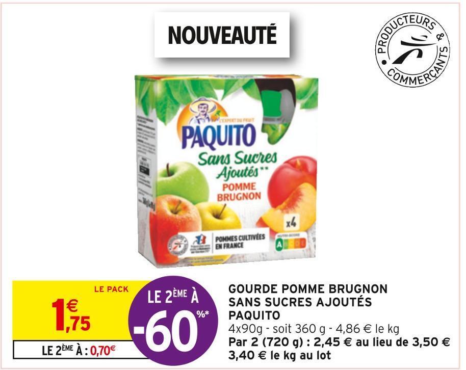 Promo Paquito gourde pomme brugnon sans sucres ajoutés chez Intermarché