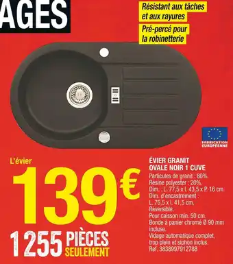 Brico Dépôt Évier granit ovale noir 1 cuve offre