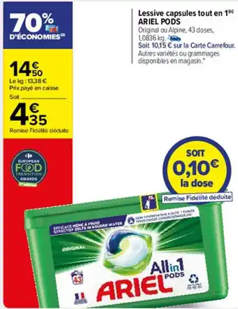 Carrefour Market Lessive capsules tout en 1 ARIEL PODS offre