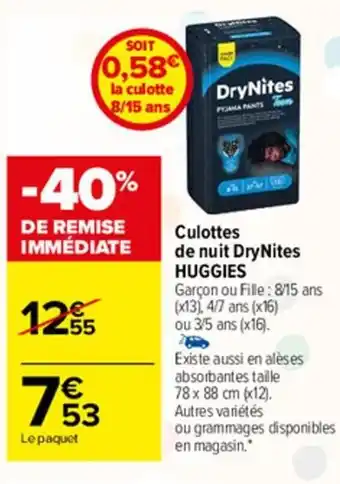 Carrefour Market Culottes de nuit drynites HUGGIES offre