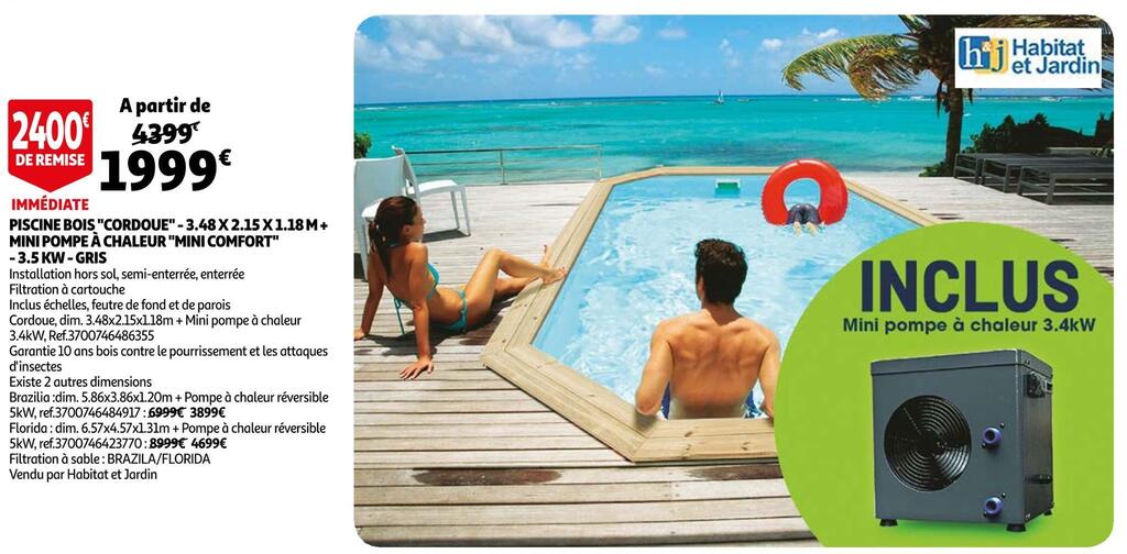 Promo Habitat et jardin piscine bois "cordoue" 3.48 x 2.15 x 1.18 m