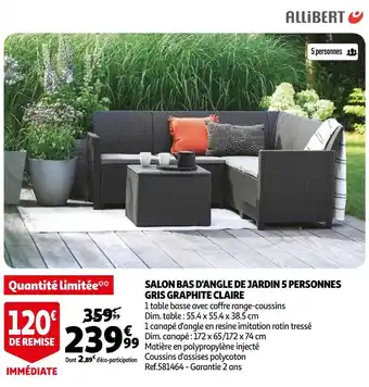 Auchan Allibert salon bas d'angle de jardin 5 personnes gris graphite claire offre