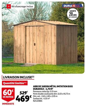 Auchan Duramax abri de jardin métal imitation bois duramax - 4,75 m² offre