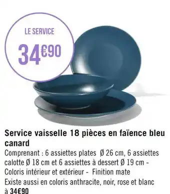 Géant Casino Service vaisselle 18 pièces en faïence bleu canard offre