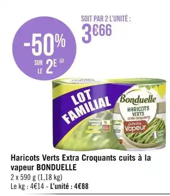 Géant Casino Bonduelle haricots verts extra croquants cuits à la vapeur offre