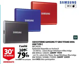 SSD externe samsung T7 Gris titane 500G usb type C