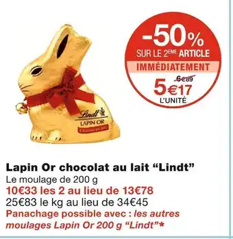 Monoprix Lindt lapin or chocolat au lait offre