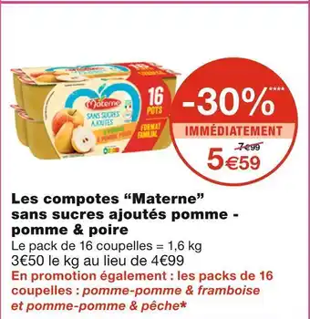 Monoprix Materne les compotes sans sucres ajoutés pomme - pomme & poire offre