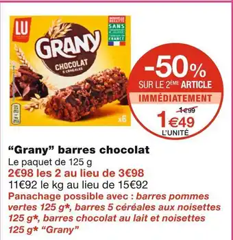 Monoprix Grany barres chocolat offre